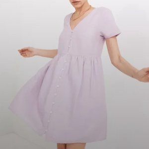 V-Neck Button Front Linen Blend Minidress